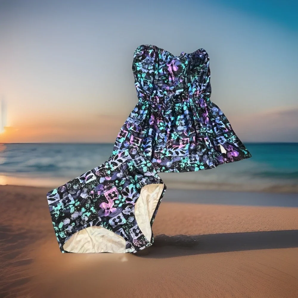 BLAIR Women's Blue &‎ Purple Floral Swim Dress Size 16 & High Waisted Bottoms